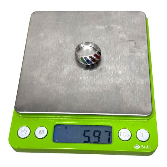 Vtg Sterling Silver 925 Multi Gemstone Inlay Band Ring Tigers Eye Malachite Sz 6 - Picture 6 of 10